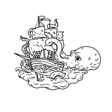 Kraken Attacking Sailing Ship Doodle Art Stock Illustration