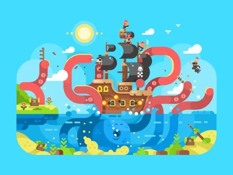Kraken ship sinks design flat Stock Illustration