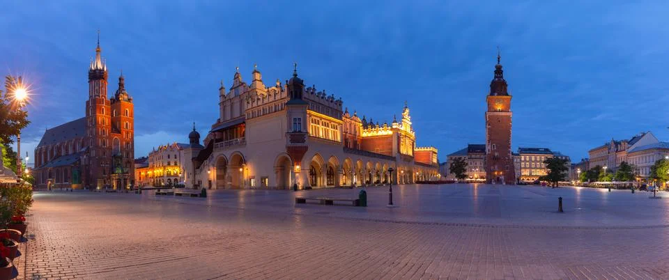Krakow. Market square in the night lights at sunrise. Stock Photos