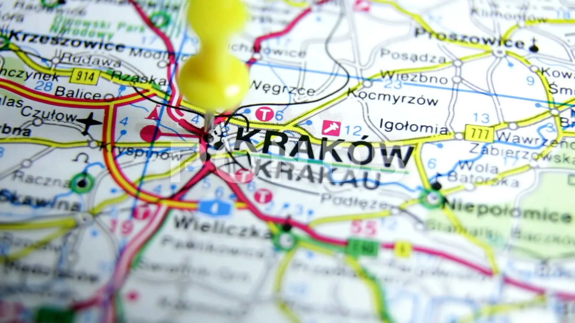 hotel shirt nap Krakow pinned on a map of Poland. Yellow... | Stock Video | Pond5