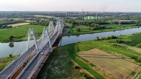 Krakow, Poland.  Double cable-stayed bridge over the Vistula river Stock Footage 91896468