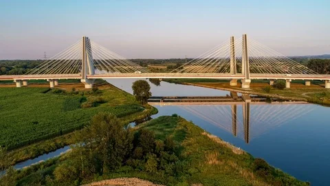 Krakow, Poland.  Double cable-stayed bridge over the Vistula river Stock Footage 91896503