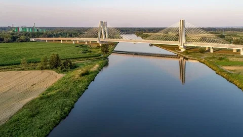 Krakow, Poland.  Double cable-stayed bridge over the Vistula river Stock Footage 92077571