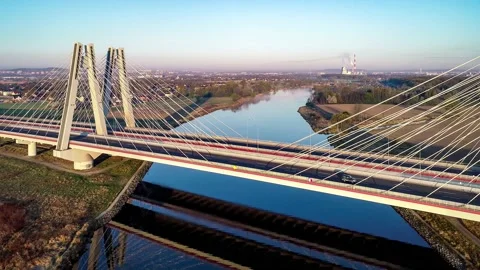 Krakow, Poland.  Double cable-stayed bridge over the Vistula river Stock Footage 134211285