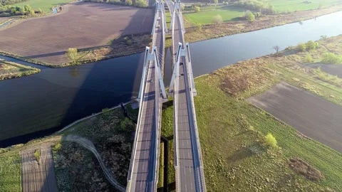 Krakow, Poland.  Double cable-stayed bridge over the Vistula river Stock Footage 137173493