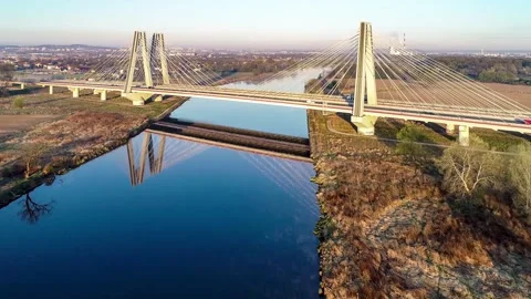 Krakow, Poland.  Double cable-stayed bridge over the Vistula river Stock Footage 146542711