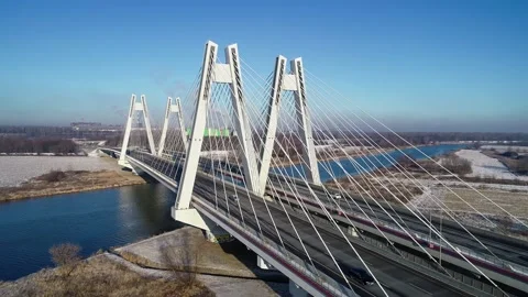 Krakow, Poland.  Double cable-stayed bridge over the Vistula river Stock Footage 168256576