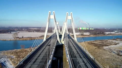 Krakow, Poland.  Double cable-stayed Macharski bridge over the Vistula river Stock Footage 168942186