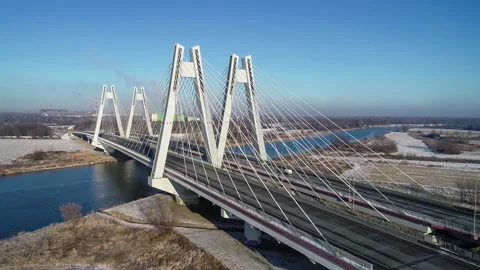 Krakow, Poland.  Double cable-stayed Macharski bridge over the Vistula river Stock Footage 210765128