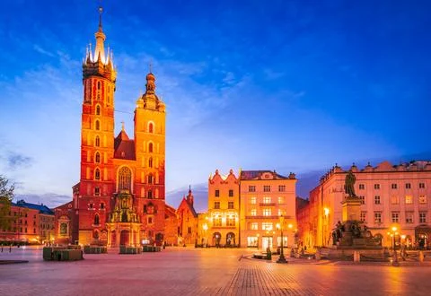 Krakow, Poland. Gothic historic charm shine at Cracovia's night scene. Stock Photos