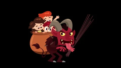 Krampus Or Christmas Devil Cartoon Character Walking With Sack Of Crying Kids Stock Footage 321402749