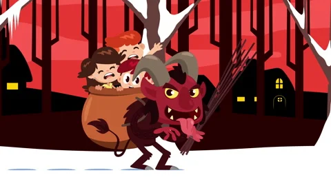 Krampus Or Christmas Devil Cartoon Character Walking With A Sack Of Crying Kids Stock Footage 321402793