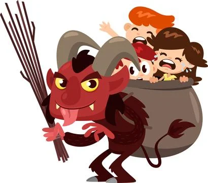 Krampus Or Christmas Devil Wearing Basket Backpack Full With Kids Illustrazione stock