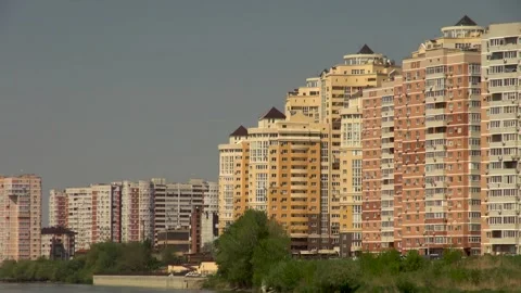 Krasnodar. Kuban River. Bridge. Multi-storey residential buildings on bank. Stock Footage 157587498