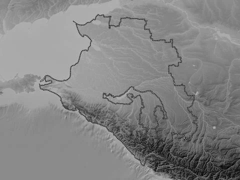 Krasnodar, Russia. Grayscale elevation map with lakes and rivers Stock Illustration