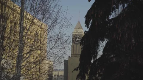Krasnoyarsk Clock Tower Peeking Through Winter Trees Stock Footage 313697862