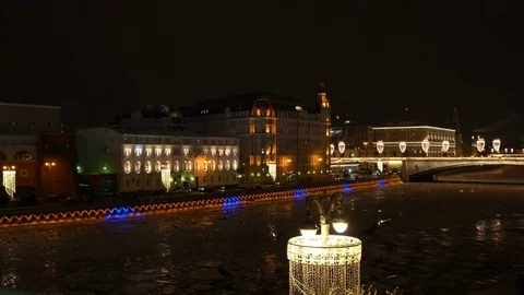 Kremlin and Red Square view at night from Soaring Bridge in Zaryadye Park Stock Footage 85327973