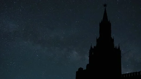 Kremlin, The Spasskaya Tower, Red Square, Moscow, Russia, Stars Timelapse at Stock Footage 222781728