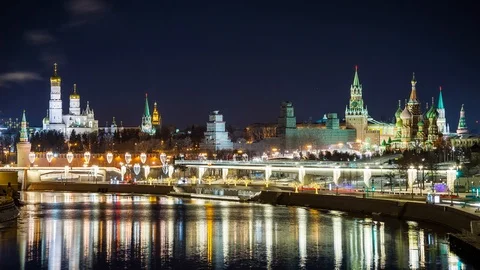 The Kremlin, St. Basil's Cathedral, Zaryadye Park and the suspension bridge Stock Footage 90448302
