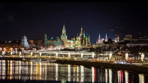The Kremlin, St. Basil's Cathedral, Zaryadye Park and the suspension bridge Stock Footage 90448318