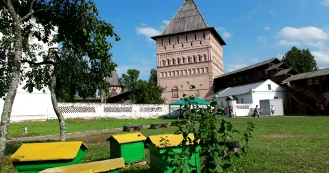 The Kremlin in Suzdal, the monastery courtyard and garden , apiary Stock Footage 68582610