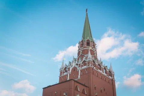 Kremlin tower and cloudy blue sky in Moscow, Russia Stock Photos