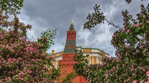 The Kremlin Tower in Blooming Trees Stock Footage 155172715