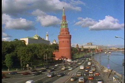 Kremlin Tower with lots of traffic passing, overhead shot, Moscow, Russia Stock Footage 869574