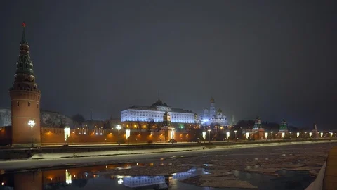Kremlin wall. Tower with red star on top. Moscow river covered with ice. Winter Stock-Footage 116724684