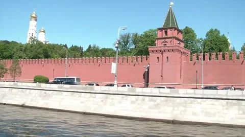 Kremlin Wall. View From A Moving Ship Stock Footage 5736774