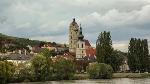 Krems, Austria a view from the Danube river hyperlapse.Austria landmarks Stock Footage 83654328