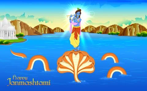 Krishna dancing on Kaliya Naag Stock Illustration