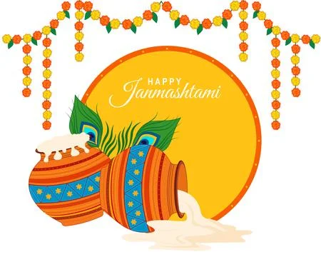 Krishna janmashtami with dahi handi decorative marigold flower hanging Stock Illustration