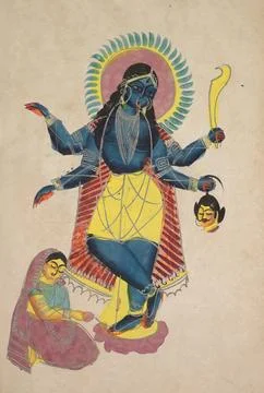 Krishna as Kali Worshipped by Radha (recto), c. 1890. Eastern India, Bengal.. 스톡 일러스트