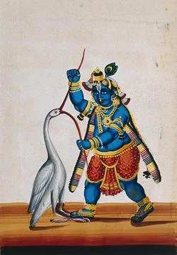 Krishna piercing open the beak of a large white bird. Gouache painting by a.. Ilustración de archivo