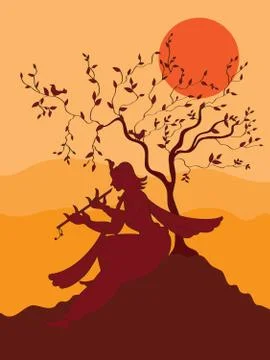Krishna playing flute under tree Stock Illustration