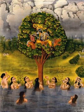 Krishna seated in a tree above a river with the gopis' clothes and making t.. Ilustração Stock