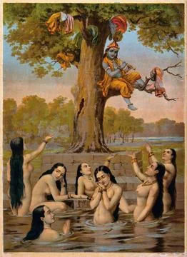Krishna sitting in a tree with all the gopis clothes while they naked in th.. Stockillustratie