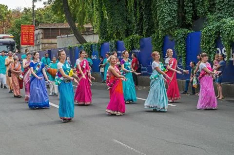Krishnaites take part in carnival procession Stock Photos