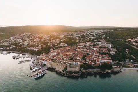 Krk in Croatia. Panoramic Aerial View of the Historic Old Town and Harbor at Fotos de archivo