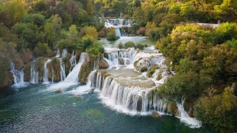 Krka, Croatia - Flying over the beautiful Krka Waterfalls in Krka National Park Stock Footage 220173355