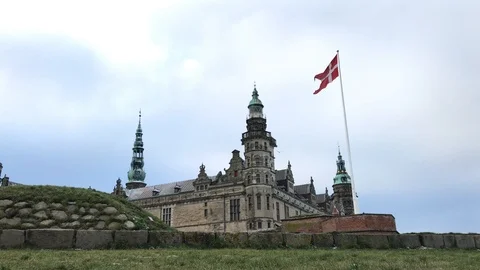 Kronborg castle external north wall and danish flag Stock Footage 100861667
