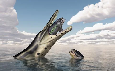 Kronosaurus attacks Rhizodus Stock Illustration