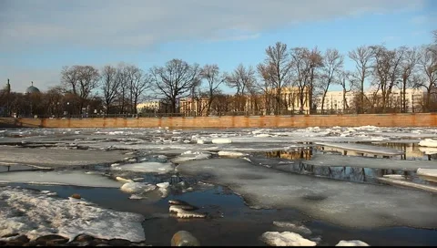 Kronverksky strait with ice, pan Stock Footage 2976367