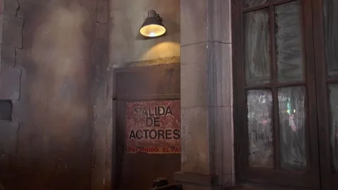 Krueger Hotel exit door actors set light fear horror house ride Tibidabo Stock Footage 324912515