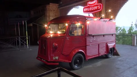 Krueger Hotel van red old retro vintage set hot dogs stall stand lights Tib.. Stock Footage 324912518