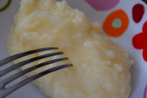 Krumplipure with fork on plate Fotos Stock