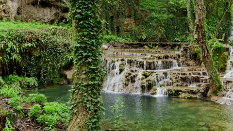 Krushuna Waterfalls Cascading Through Forest Landscape Bulgaria Video stock 337005380