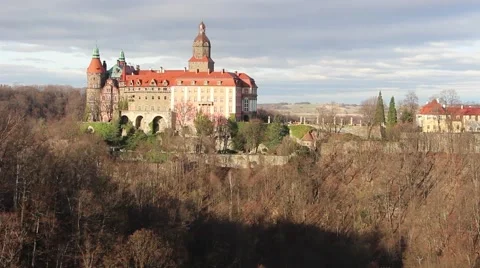 Książ (German: Schloss Fürstenstein) is a castle in Wałbrzych in Lower Silesian  Stock Footage 59770026