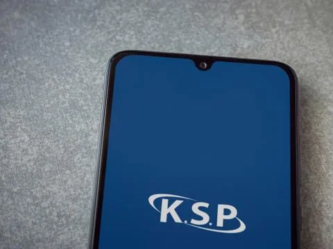 KSP app launch screen with logo on the display of a black mobile smartphone o Stock Photos